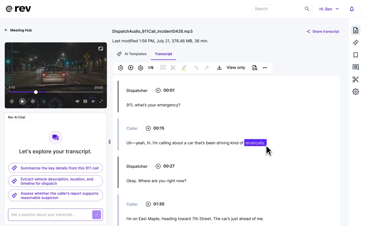 Rev transcript editor with a word in a 911 call transcript selected for editing, next to the video player and AI chat panel.