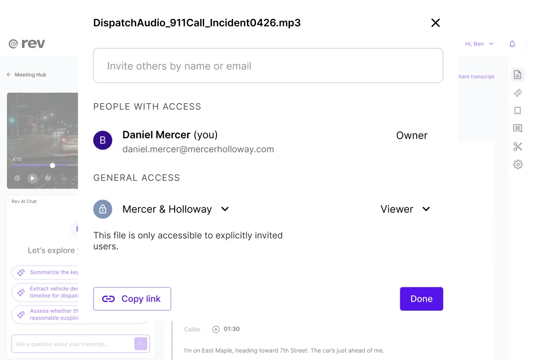 Sharing dialog for an audio file listing people with access, viewer permissions, an invite field, and a copy link option.