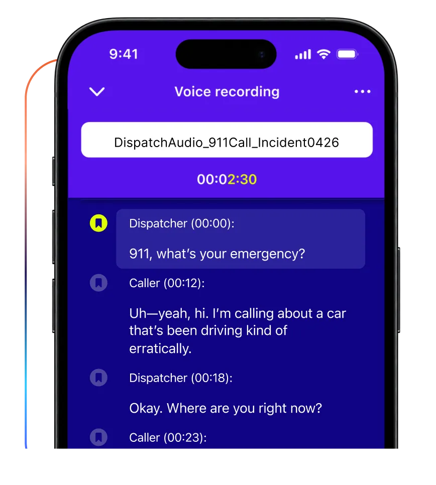 Rev mobile app recording a 911 call with a live speaker-labeled transcript appearing as the audio plays.