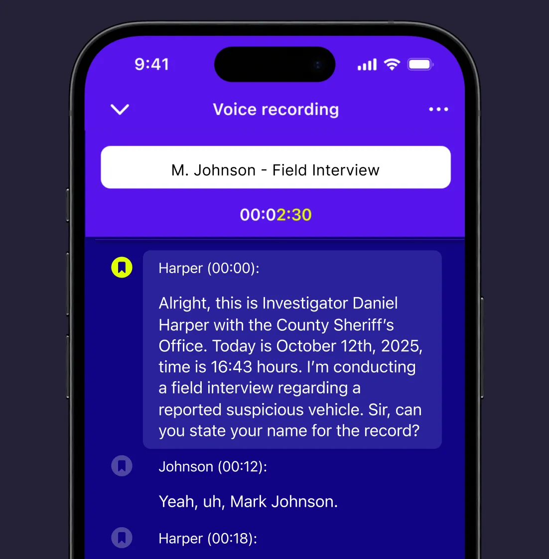 Rev mobile app recording a field interview, with a live transcript labeled by speaker and bookmark markers.