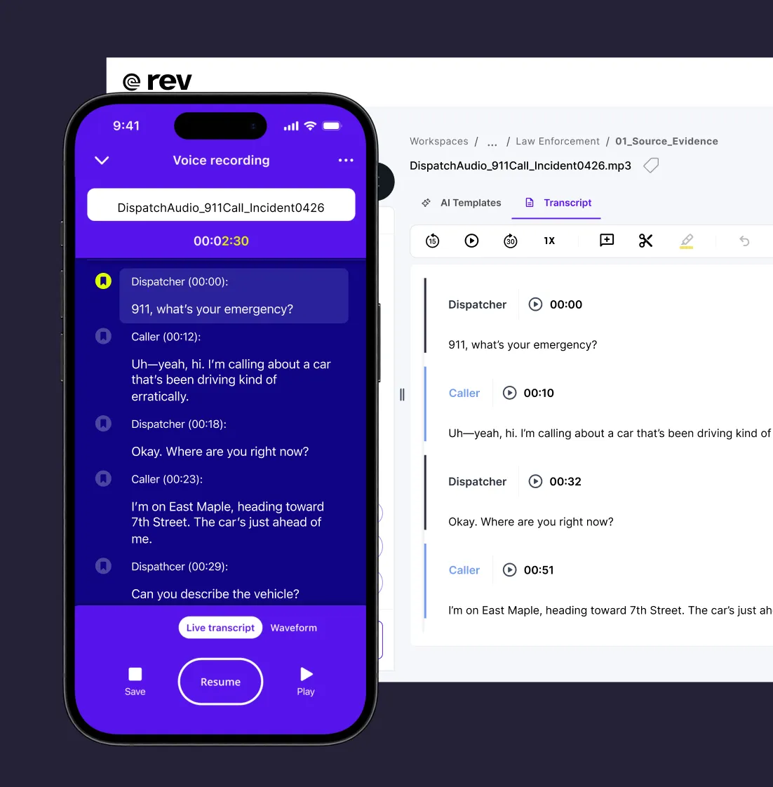 Rev mobile app recording with live transcript beside the same file open in the desktop transcript editor.