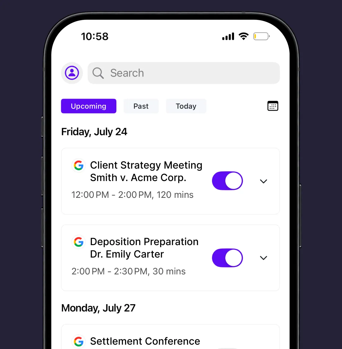 Rev mobile app meeting list with toggles to add the notetaker to upcoming client and deposition meetings.