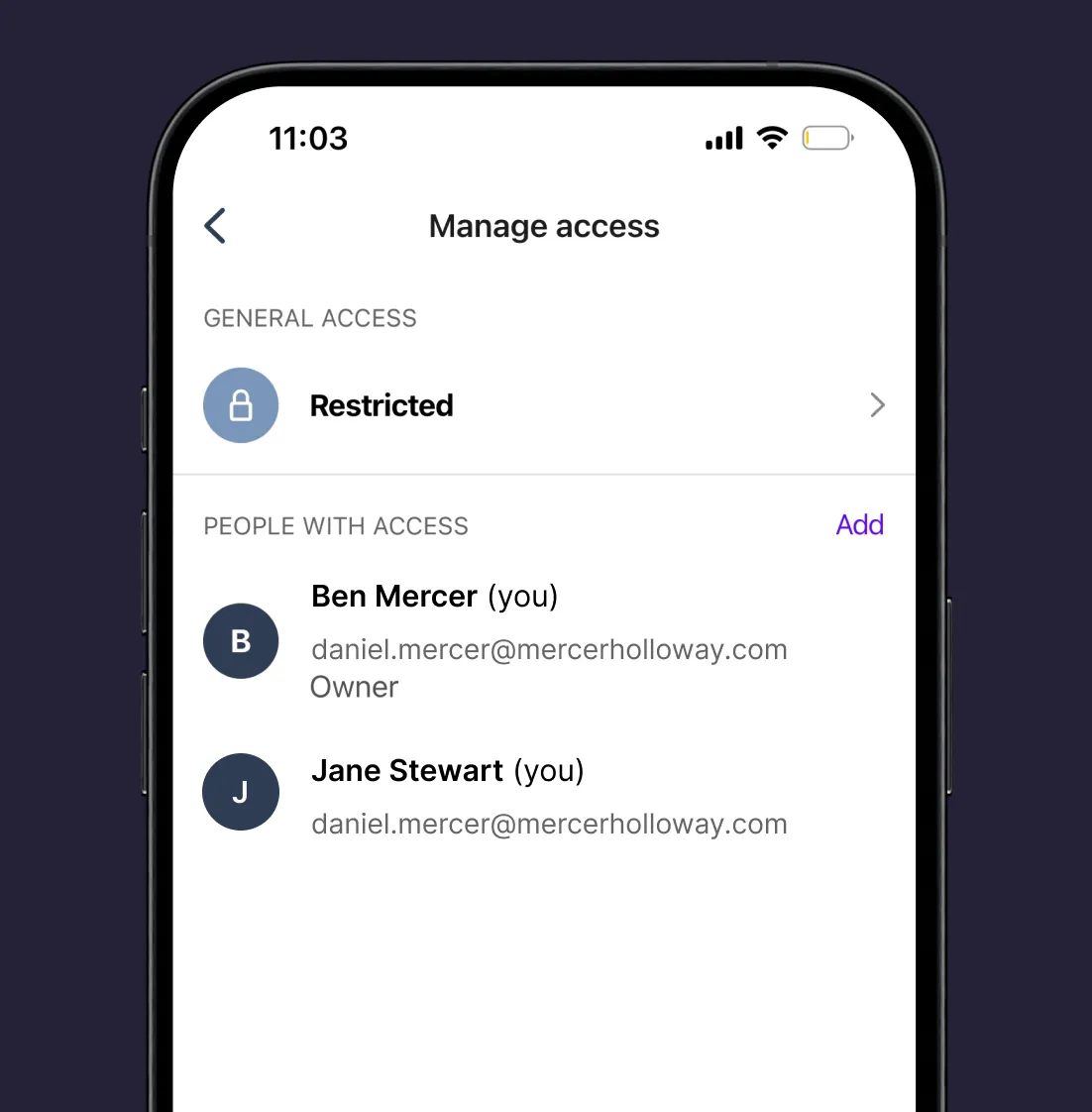 Manage access screen in the Rev mobile app showing restricted sharing and the list of people with access.