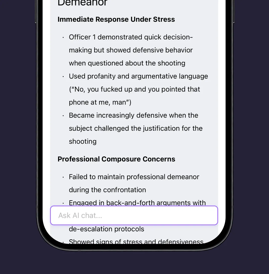 Rev mobile app showing an AI analysis of officer demeanor from a recording, with an Ask AI chat field.
