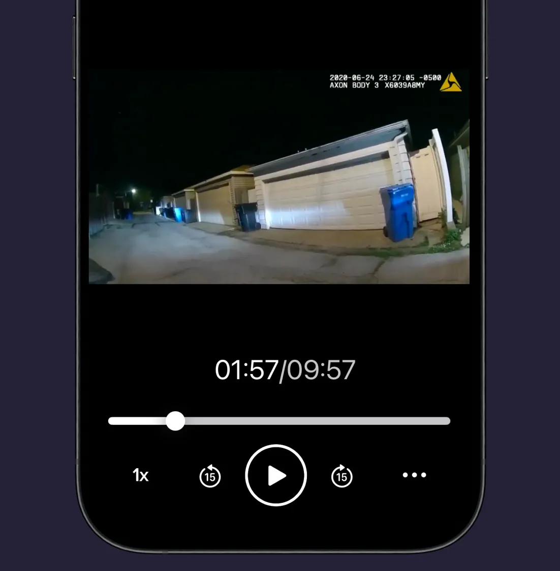 Rev mobile app playing body-camera video with playback speed, skip controls, and a progress bar.