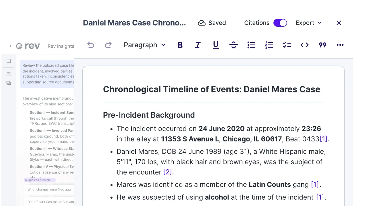 Rev Insights document editor with formatting toolbar, Citations toggle, and Export menu above a drafted case timeline.