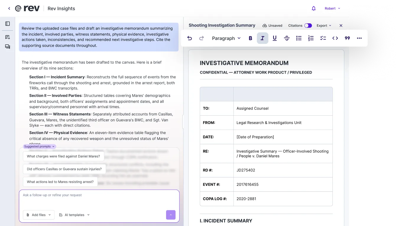 Rev Insights document canvas showing a drafted investigative memorandum alongside a prompt panel with suggested follow-up questions.