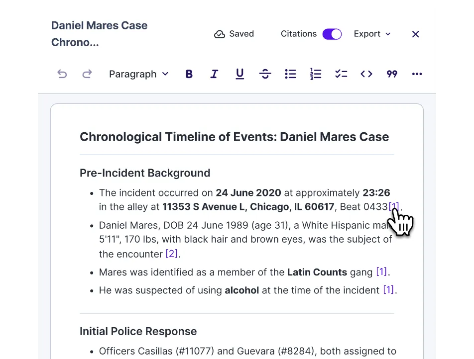 Case timeline document with numbered inline citations linking each fact back to its source file, and Citations toggle turned on