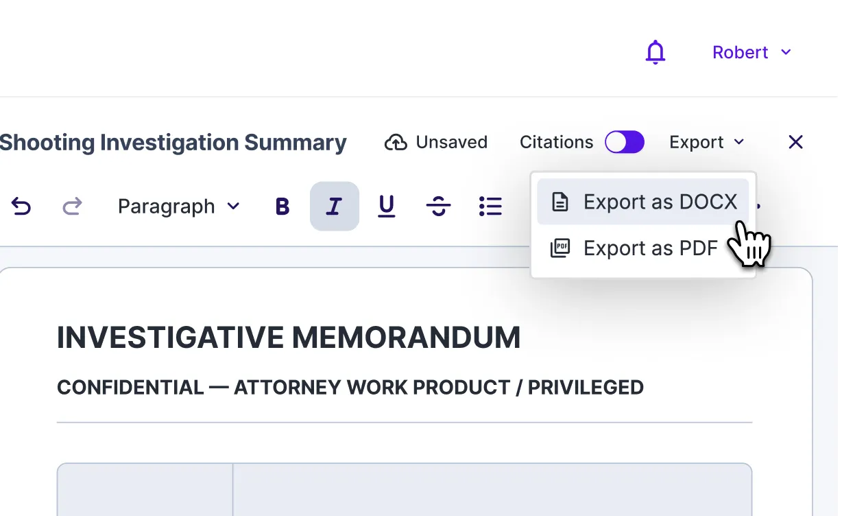 Export menu open in the Rev Insights document editor, showing Export as DOCX and Export as PDF options.