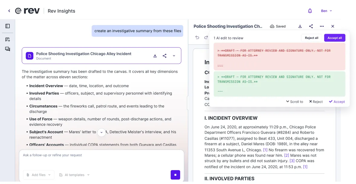 Rev Insights AI editing a case document, with suggested revisions shown as tracked changes and Accept all or Reject all controls.