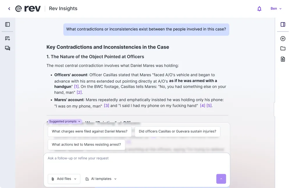 Rev Insights comparing officer and subject accounts of an incident, listing key contradictions with numbered source citations.