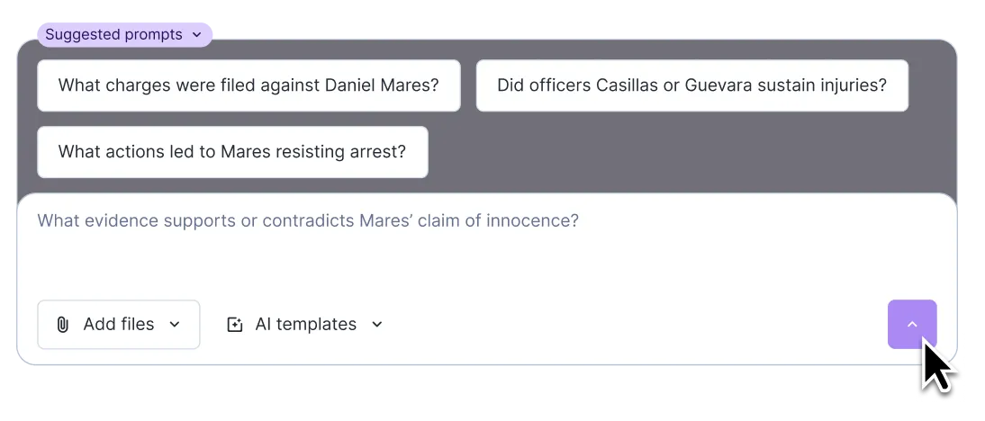 Rev Insights prompt box with a typed question about evidence, suggested prompt chips, and Add files and AI templates controls.