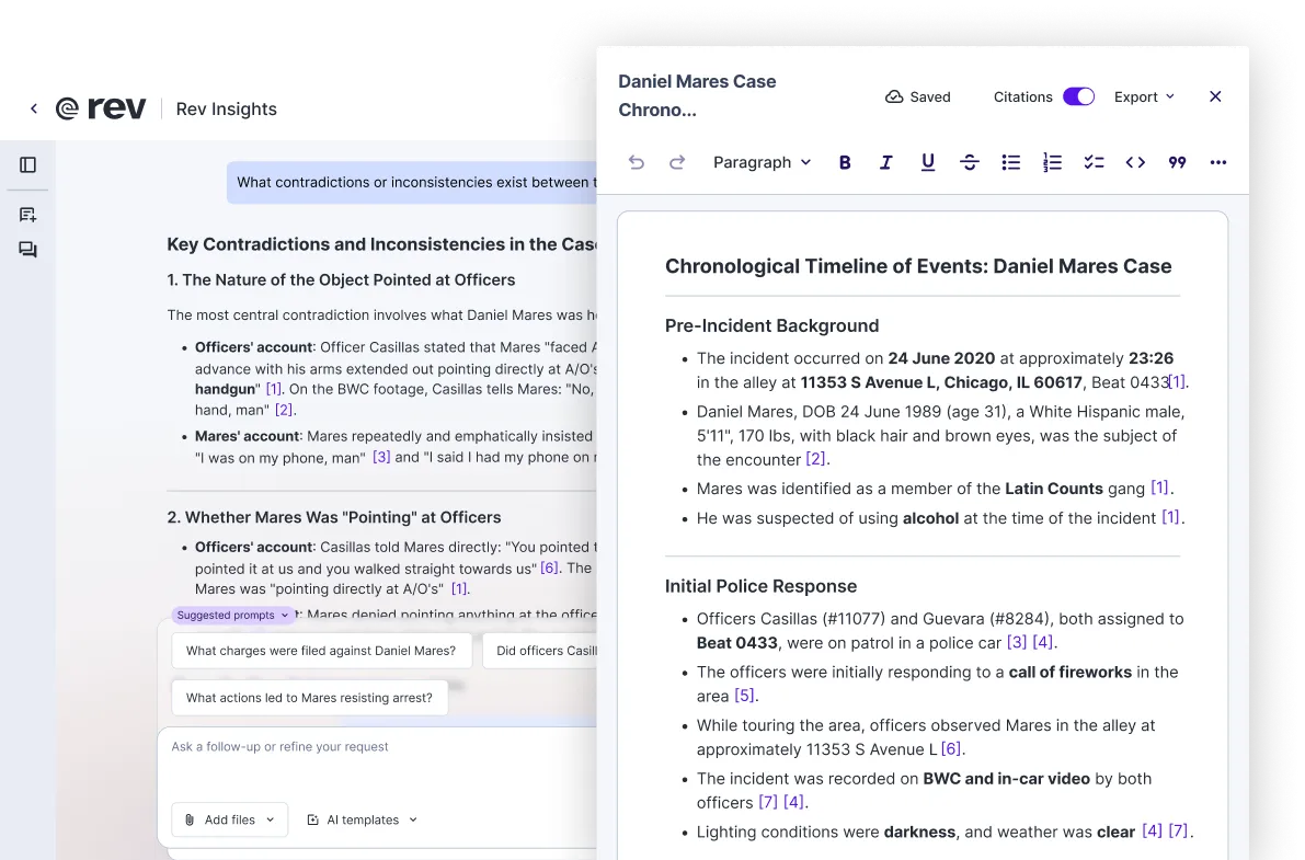 Rev Insights analysis of contradictions in a case shown beside a document canvas with a drafted, cited case timeline.