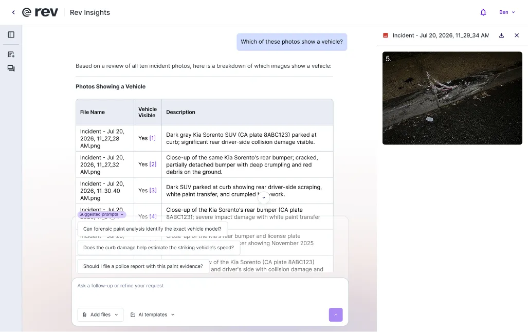 Rev Insights answering which uploaded photos show a vehicle, with a table of file names, descriptions, cited sources, and a photo preview.
