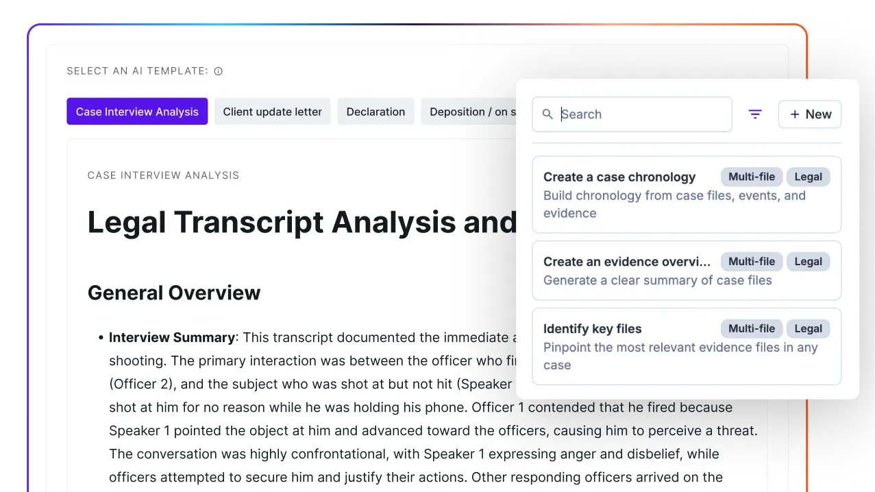AI template picker with legal template options and a generated Legal Transcript Analysis and Summary shown behind it.