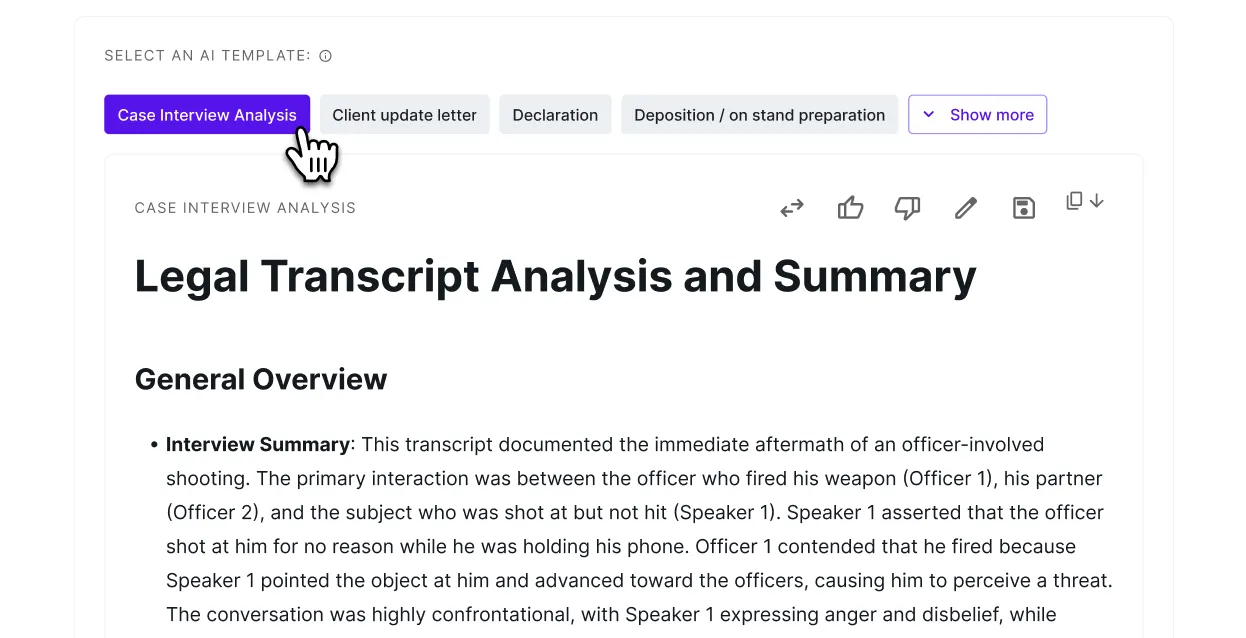 AI template tabs — Case Interview Analysis, Client update letter, Declaration, Deposition prep — above a generated transcript summary.