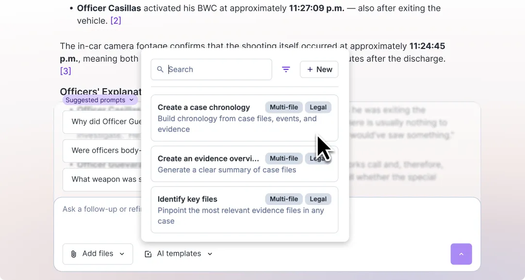 AI templates menu open over a case analysis, offering multi-file legal templates for chronology, evidence overview, and key files.