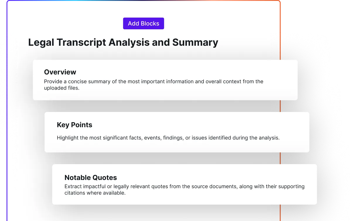 Custom template builder with an Add Blocks control and stacked sections for Overview, Key Points, and Notable Quotes.
