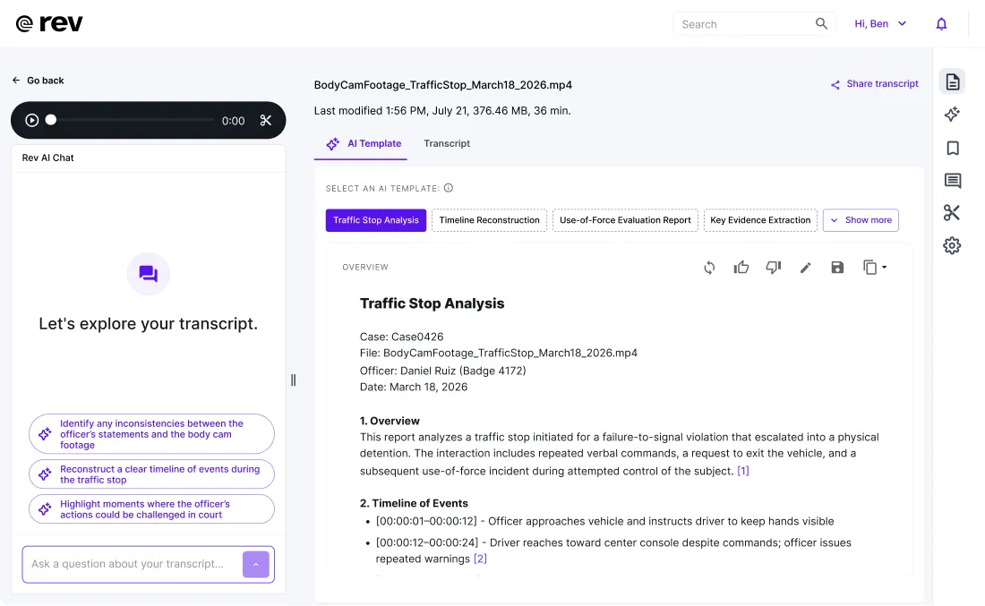 Rev transcript workspace applying a Traffic Stop Analysis template to body camera footage, with a cited overview and event timeline.
