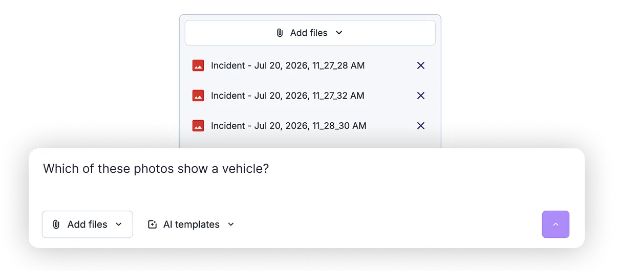 Question asking which uploaded photos show a vehicle, with three incident image files attached to the prompt.