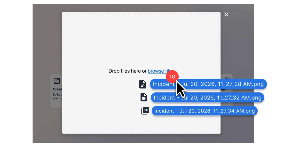 Upload dialog with ten incident files being dragged in for analysis at once.