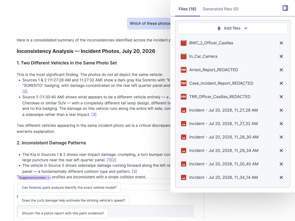 Rev Insights inconsistency analysis of incident photos beside the source file list of images, videos, and PDF reports.