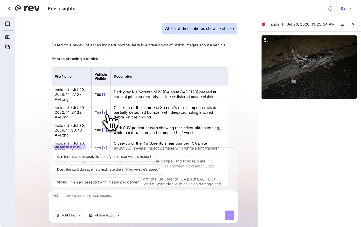 Rev Insights table describing which incident photos show a vehicle, with numbered citations and a photo preview panel.