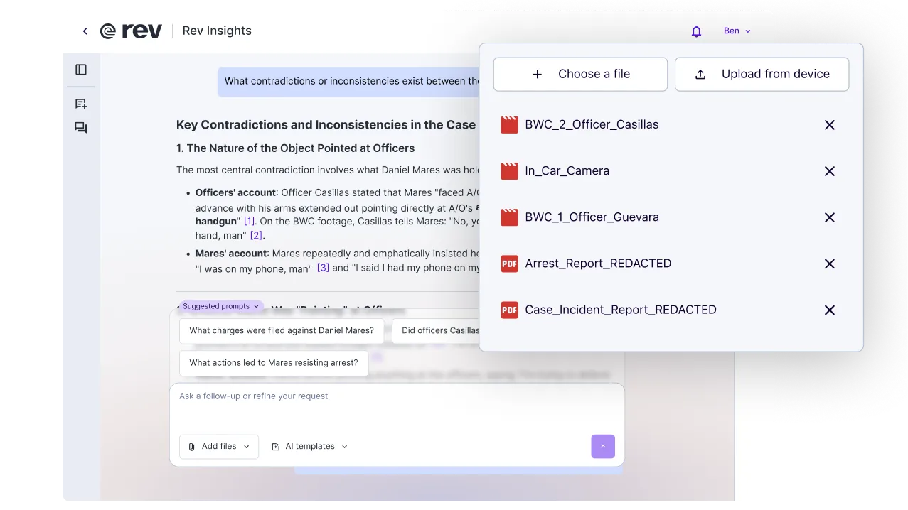 Rev Insights analyzing multiple case files, with body camera video and redacted PDF reports added for review.