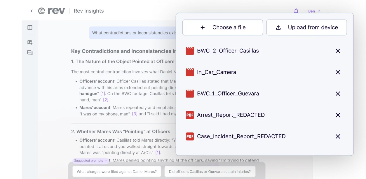 File picker in Rev Insights listing body-worn camera, in-car camera, and redacted PDF report files selected for analysis.