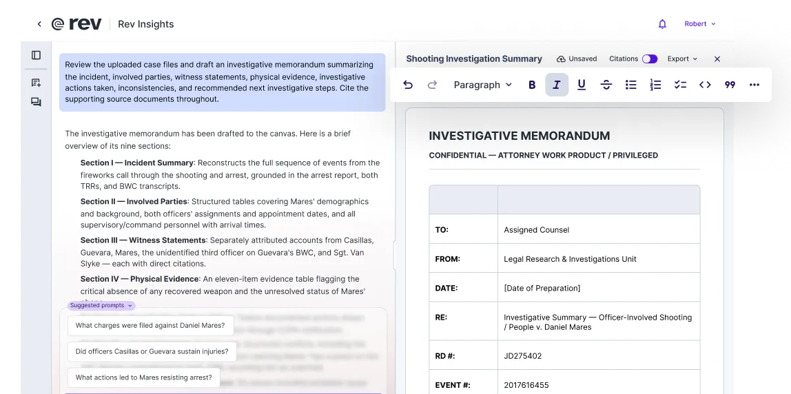 Rev Insights drafting an investigative memorandum on the document canvas from a prompt in the chat panel.