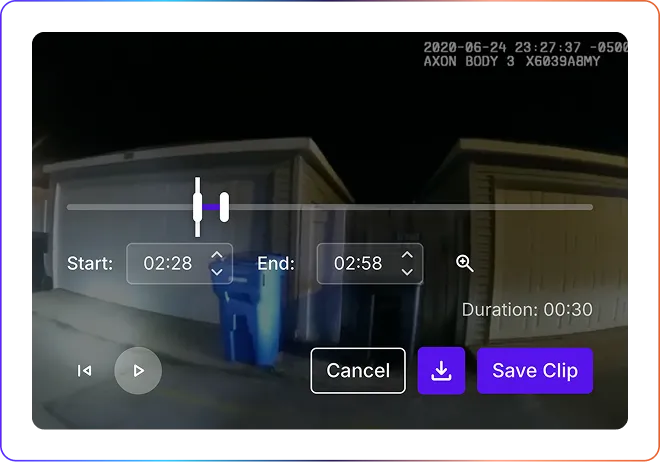 Clip trimming tool over body-camera video, start 02:28 and end 02:58 set for a 30-second clip, with Save Clip button.