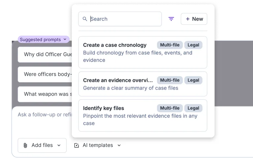 AI templates menu offering multi-file legal templates: case chronology, evidence overview, and identify key files.