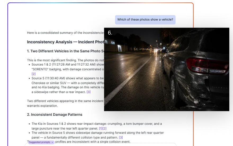 Rev Insights comparing crash photos across sources, flagging inconsistent vehicles and damage patterns with citations.
