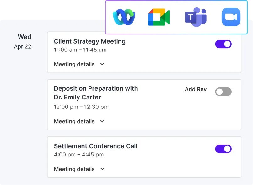 Meeting list with toggles to add Rev's AI notetaker to each call, alongside logos for major video meeting platforms.