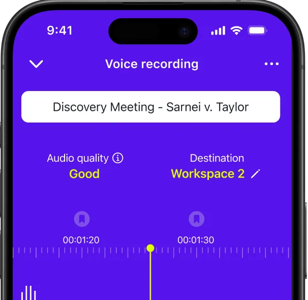Rev mobile app recording a deposition meeting, showing audio quality, destination workspace, and a live waveform.