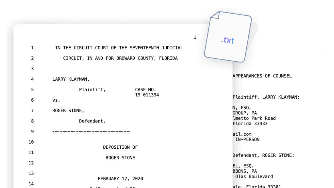 Line-numbered legal deposition transcript with case caption and appearances of counsel, shown with a .txt file icon.