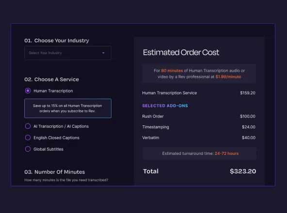 Pricing calculator for transcription with options, add-ons, and total cost of $323.20 shown on dark background.