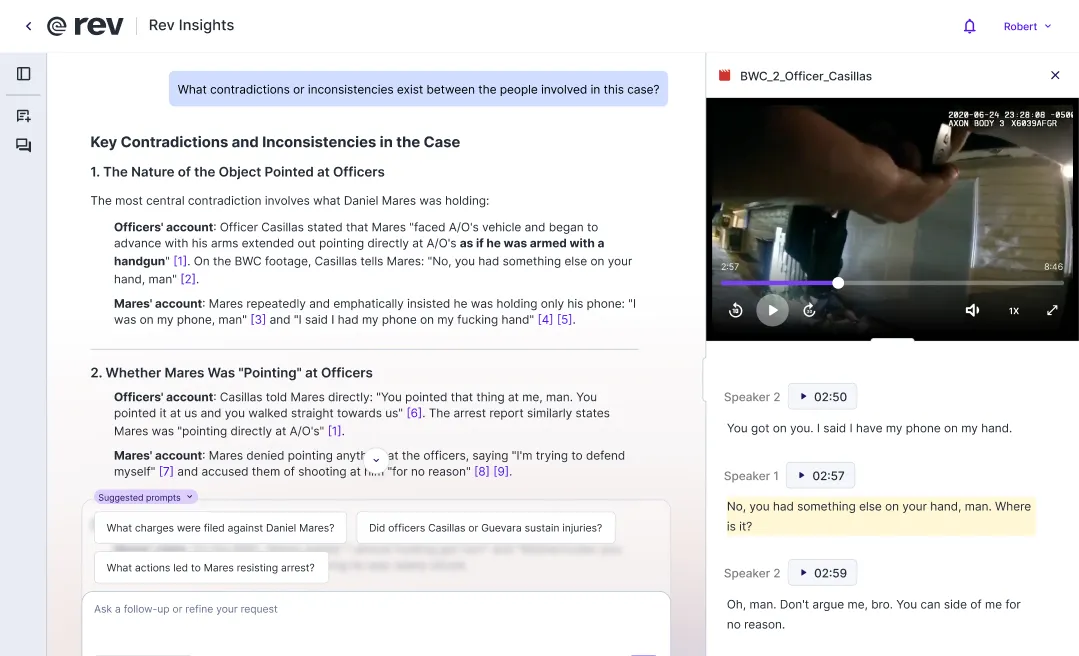 A snapshot of Rev's AI Chat feature that reads "Chat with AI about your transcript" and shows feature options below.