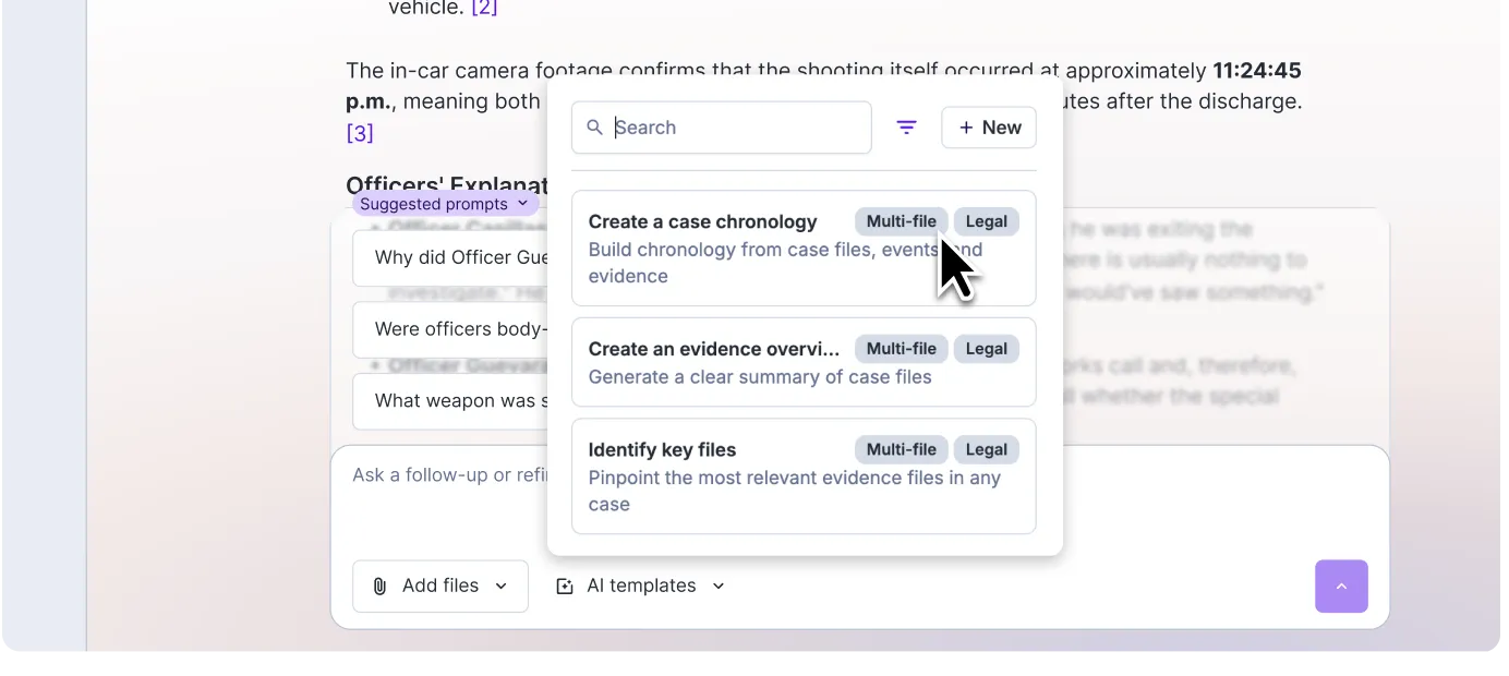 A snapshot of Rev's AI Chat feature that reads "Chat with AI about your transcript" and shows feature options below.
