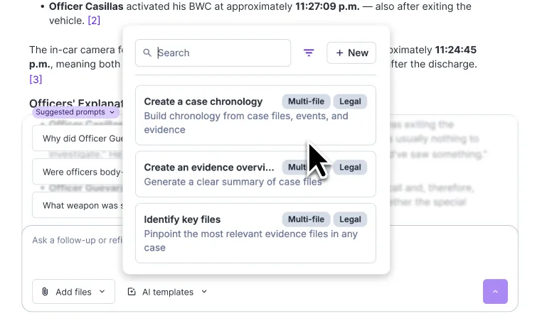 A snapshot of Rev's AI Chat feature that reads "Chat with AI about your transcript" and shows feature options below.