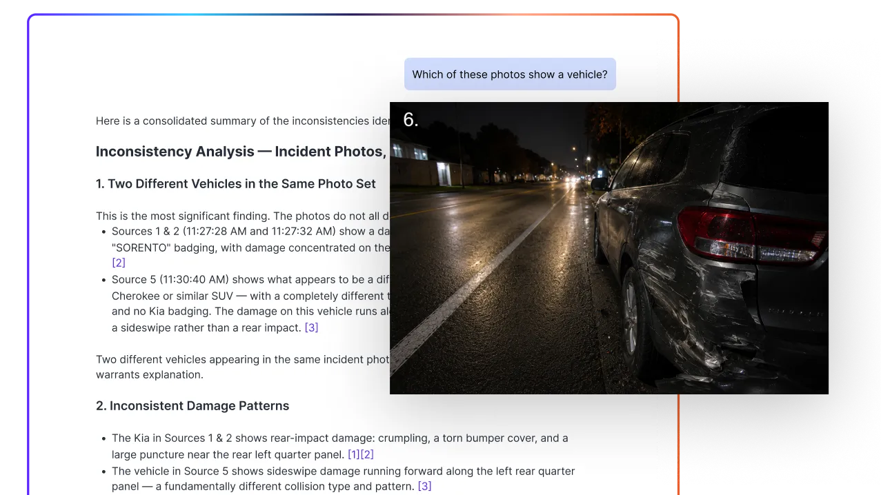 Rev Insights inconsistency analysis of incident photos, with a cited crash photo showing rear-quarter damage.