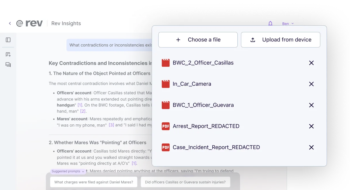 Rev Insights answering a question about contradictions across uploaded files, including body camera videos and redacted reports.
