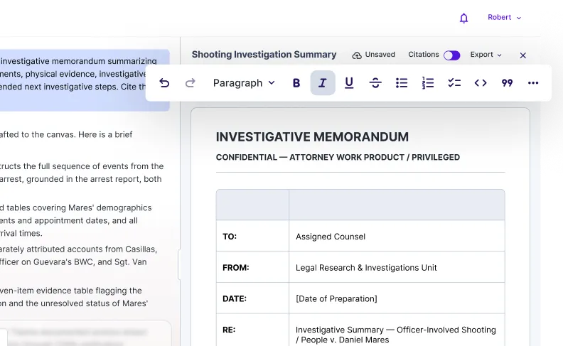 Document editor with a drafted investigative memorandum, formatting toolbar, and citation and export controls.