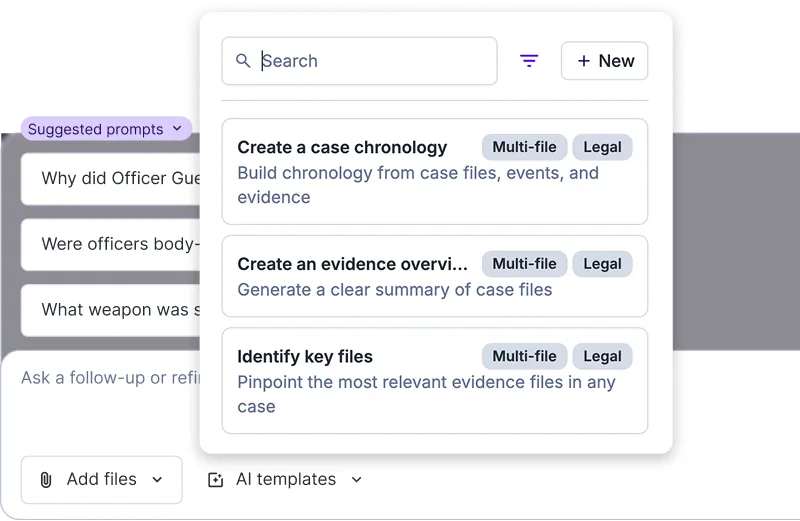 AI templates panel with prompts to create a case chronology, build an evidence overview, or identify key files.