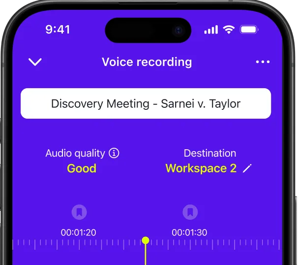Mobile voice recording screen for Discovery Meeting, Sarnei v. Taylor, showing Good audio quality and destination workspace.