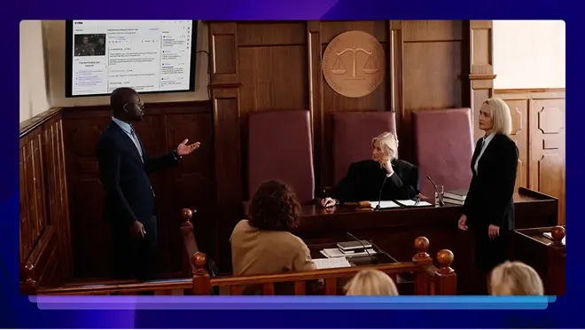 Lawyer presenting evidence to judge in a courtroom with a screen showing trial preparation.