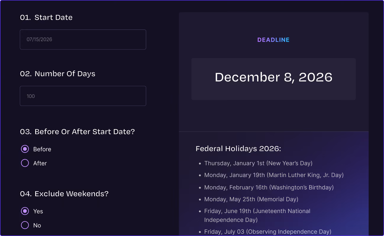 Deadline pricing calculator showing start date, days, options, deadline Dec 8, 2026, and federal holidays 2026.