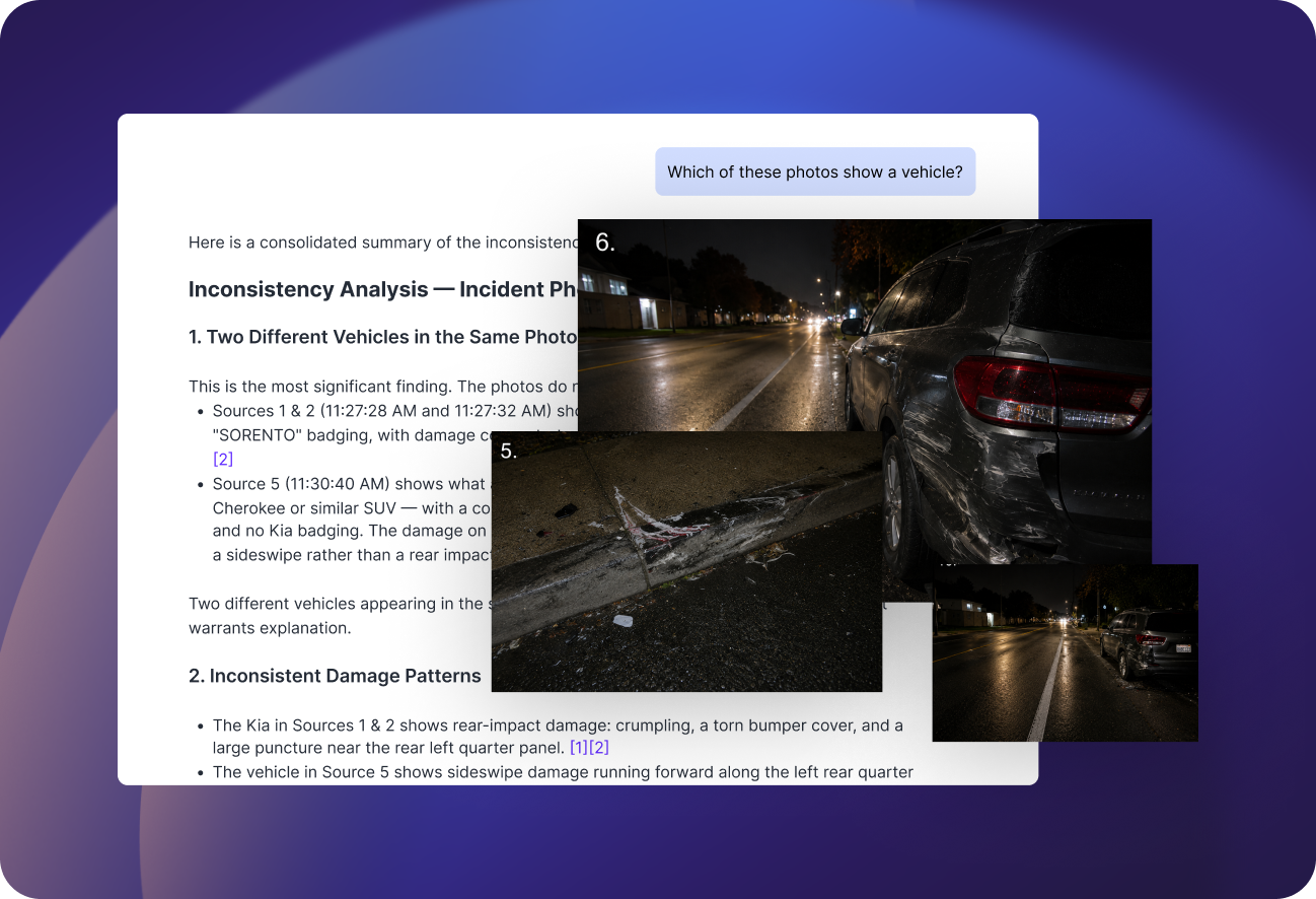 Rev AI comparing incident photos and flagging inconsistencies.