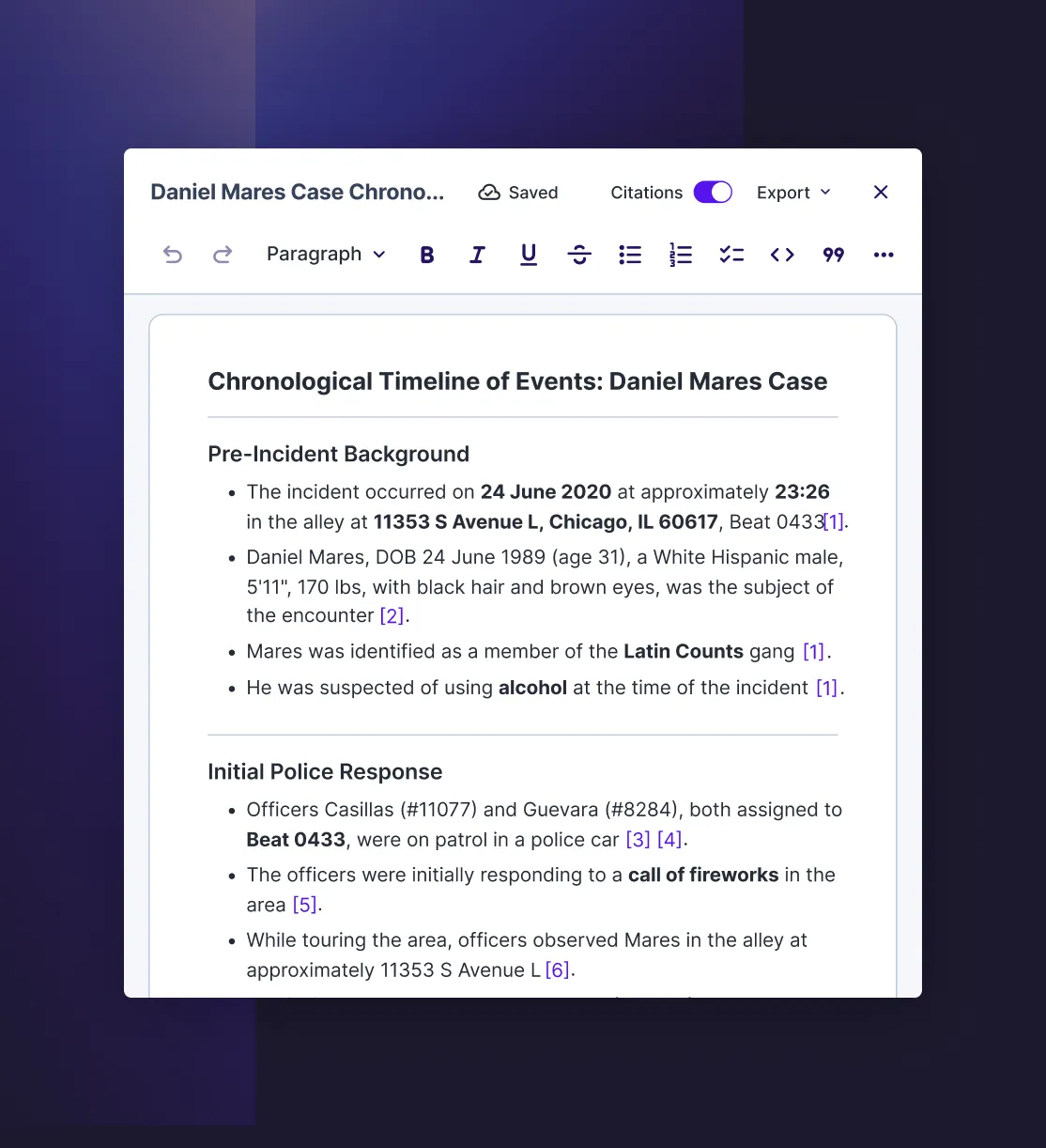 Rev document editor showing a generated case chronology with numbered citations linking each fact back to source evidence.