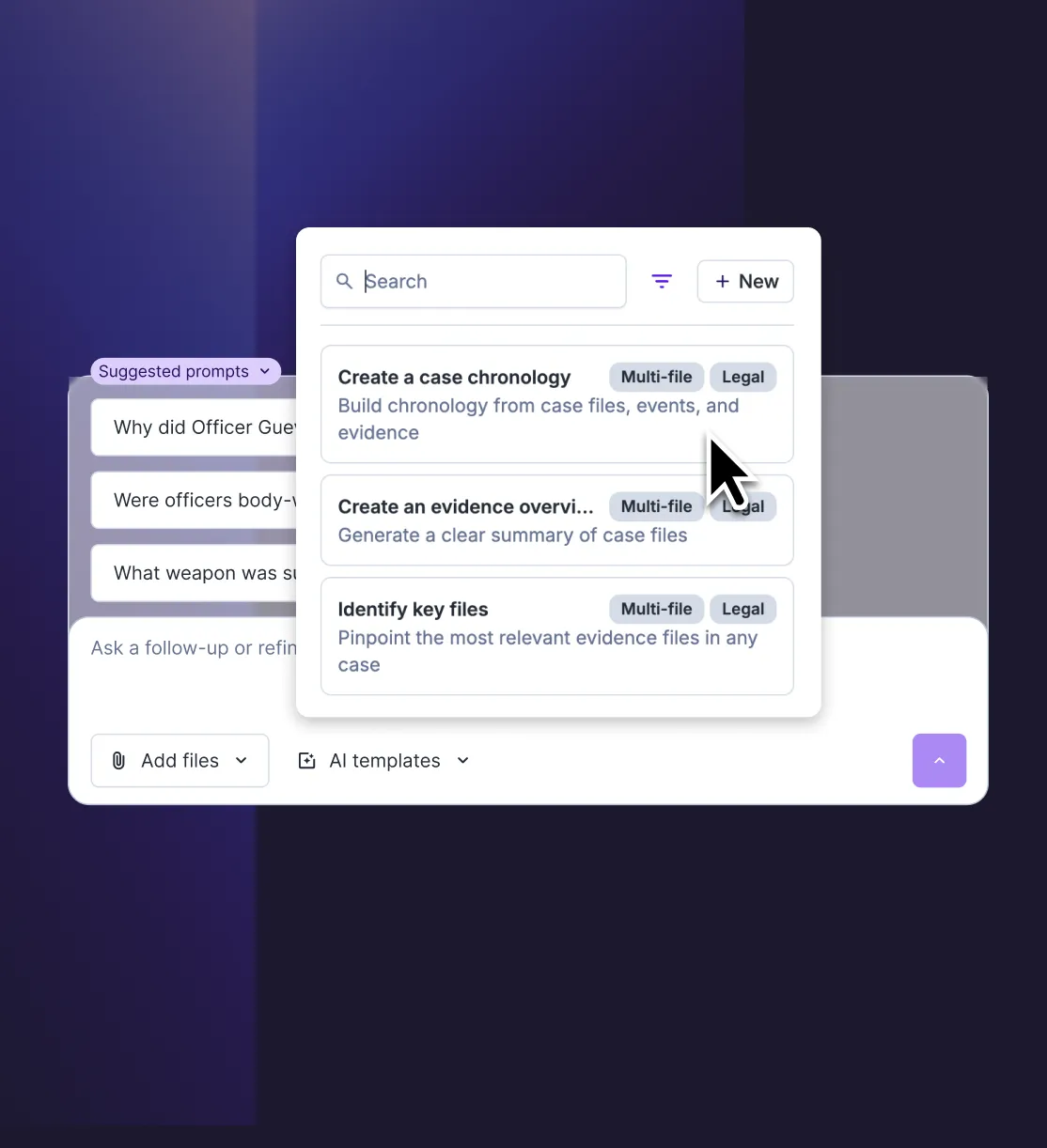 Rev AI templates menu with prompts to create a case chronology, evidence overview, or identify key files across multi-file legal cases.